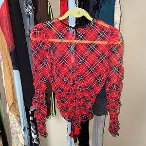 Victoria's Secret Red Plaid Ruched Long-Sleeve Bodysuit